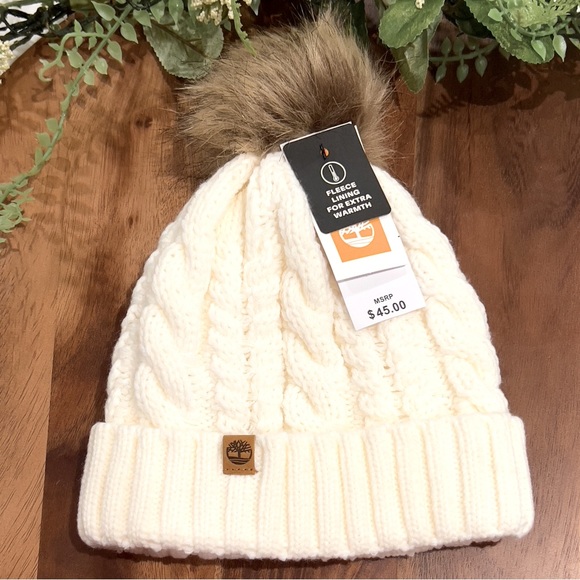 NWT Timberland Heavy Cable Knit PomPom Beanie with Fleece Lining in Ivory - Picture 1 of 6